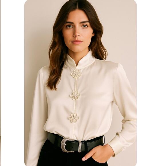 Vintage 80s White Satin Blouse Oversized L Frog Knot Closure Draped Collar - Picture 1 of 9